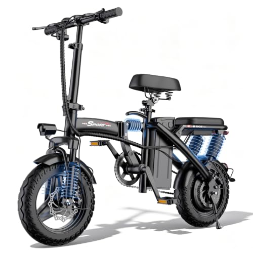 Xathquia Electric Bike for Adults, 1200W Peak Motor Commuting E Bike, 22/25 MPH, 30/45 Miles PAS Range, 6-Point Full Suspension Foldable Ebike, 14” Tires Electric Bicycle,Portable Electric Mini Bike