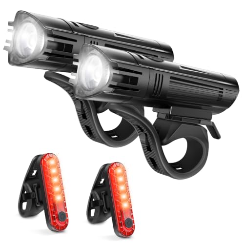 Ascher Ultra Bright USB Rechargeable Bike Light Set, Powerful Bicycle Front Headlight and Back Taillight, 4 Light Modes, Easy to Install for Men Women Kids Road Mountain Cycling Bl
