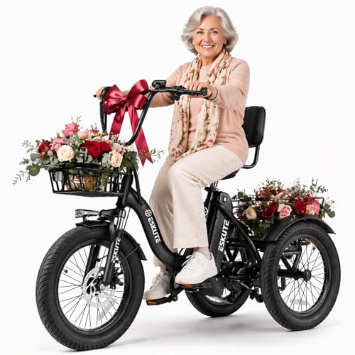 ESKUTE E Trike Electric Bike, Peak 1200W Brushless Motor Folding Trike 18X3.0 Fat Tire Ebike, 624Wh Battery, Step-Thru 3 Wheel Electric Bicycle, 55 Miles, 18MPH+ Tricycle for Adults Blackk