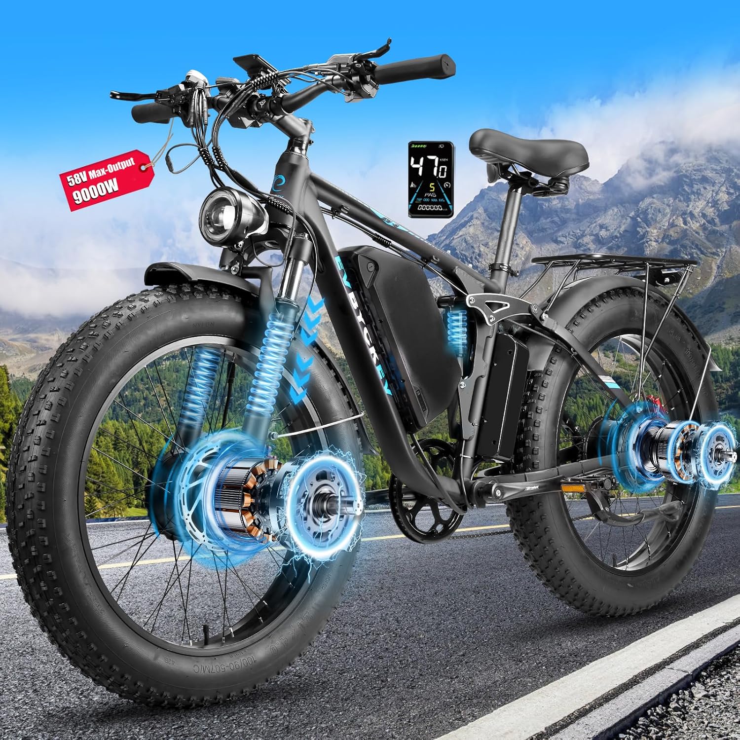 XVYOOYVX 9000W Peak Electric Bike for Adults,58V Max-Output 1972Wh Dual Motor Ebike,47MPH 105Miles Range,24