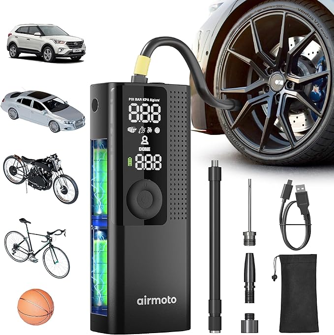 Airmoto Tire Inflator Portable Air Compressor - Air Pump For Car Tires with Digital Pressure Gauge, LED Light and Auto Shut-Off Function - Cordless Pump for Car, Motorcycle, Bicycl